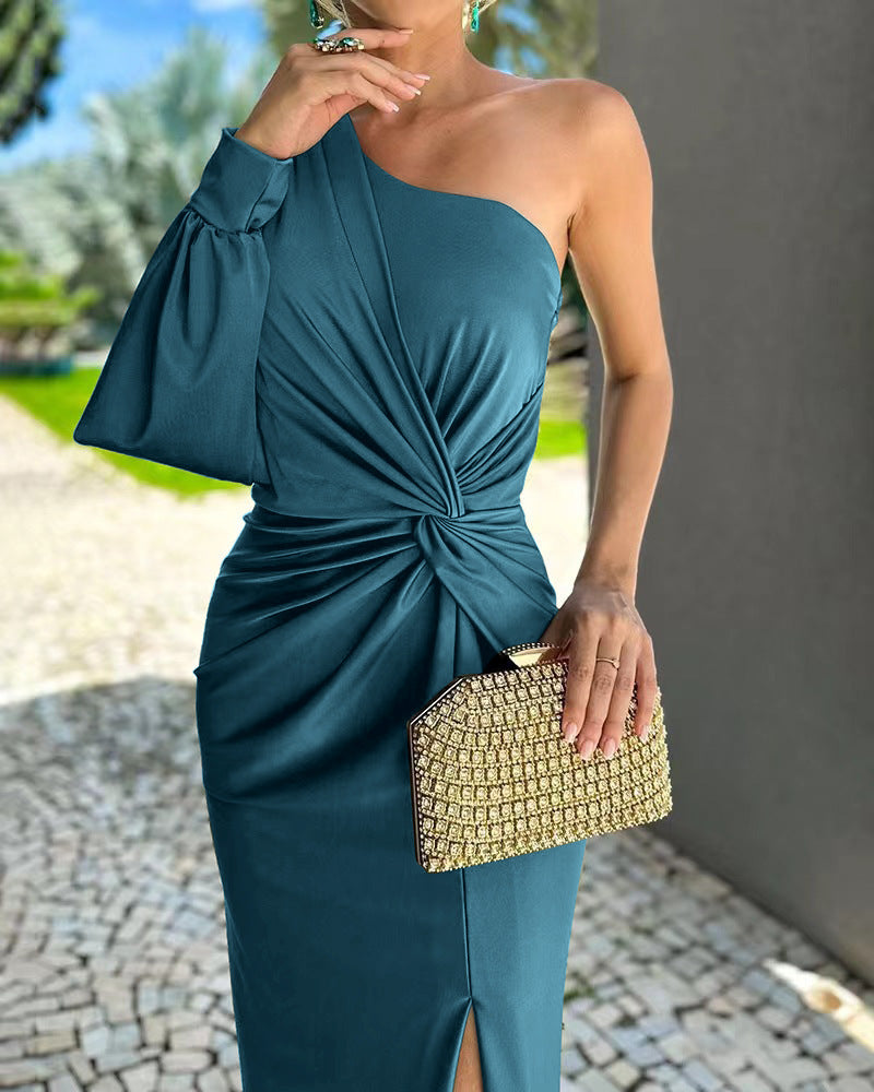 Women Elegant Wrap Dress with Asymmetrical Neckline and Side Slit Ivyshape