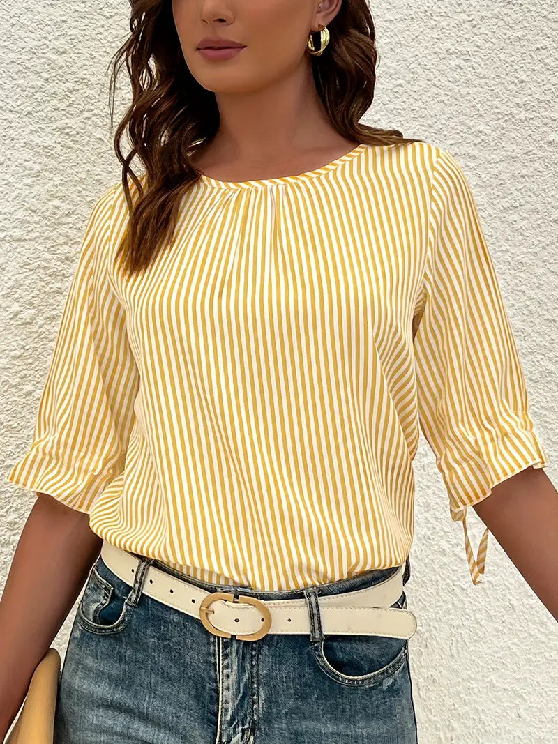 Women's blouse with modern stripes and elegant ruffle details Ivyshape