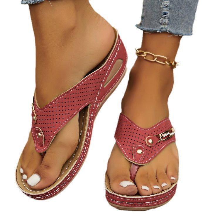 Women Elegant Thong Sandals with Fashionable Hole Design and Adjustable Strap Ivyshape