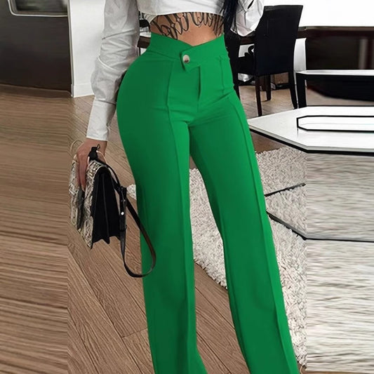Women Elegant Wide Trousers with High-Waist Cut and Decorative Button Ivyshape
