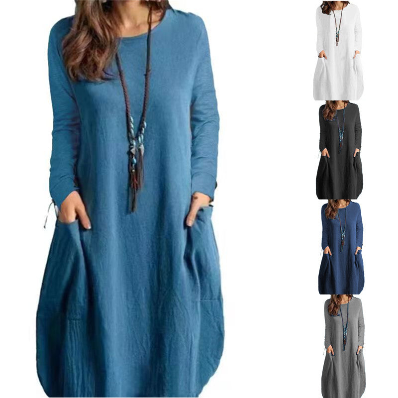 IvyShape | Relaxed Cotton Linen Solid Color Pocket Long Sleeve Dress