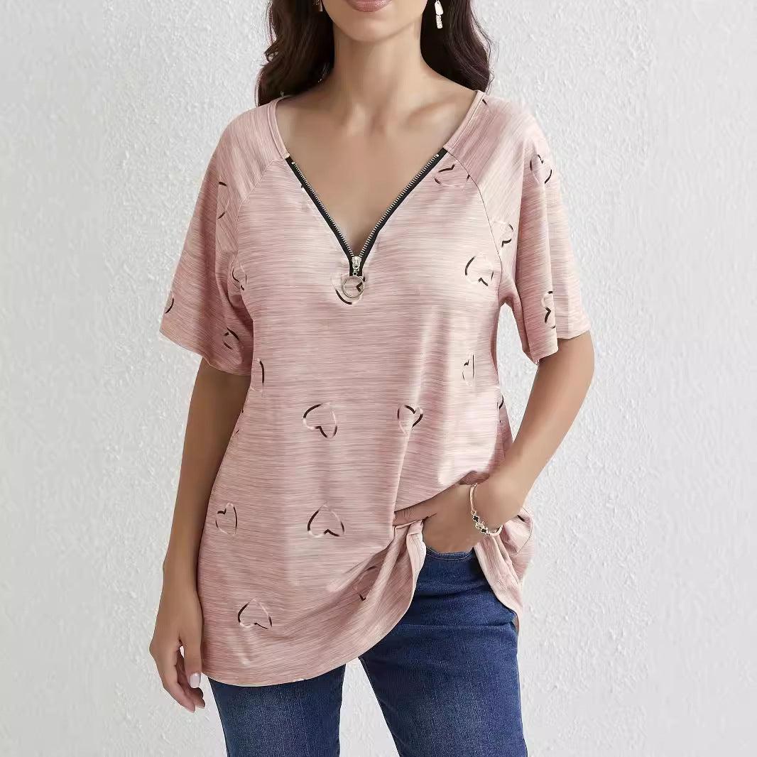 Ladies short sleeve top with active zipper and heart print Ivyshape