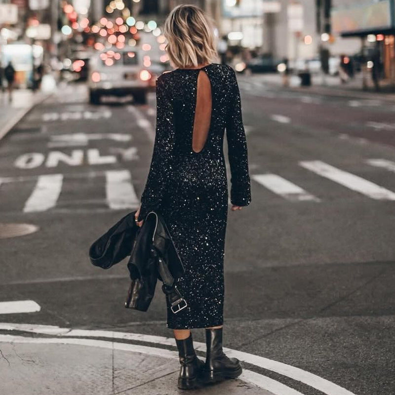 IvyShape | Simple Sequin Street Style Long Sleeve Fashion Dress