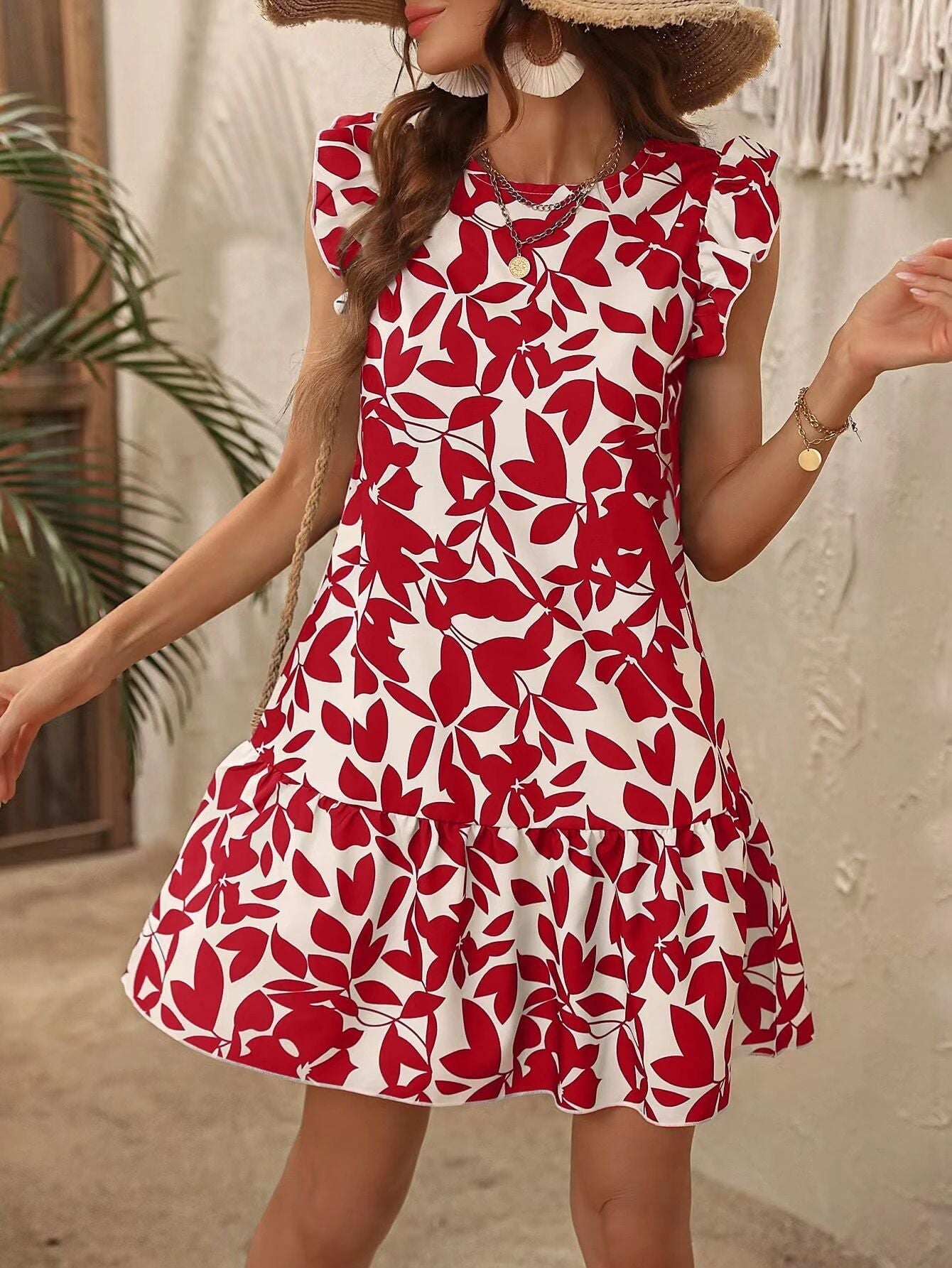 Ivyshape | Round Neck Dress with Printed Ruffles