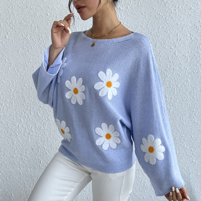 IvyShape | Floral Embroidery One-Shoulder Pullover Sweater