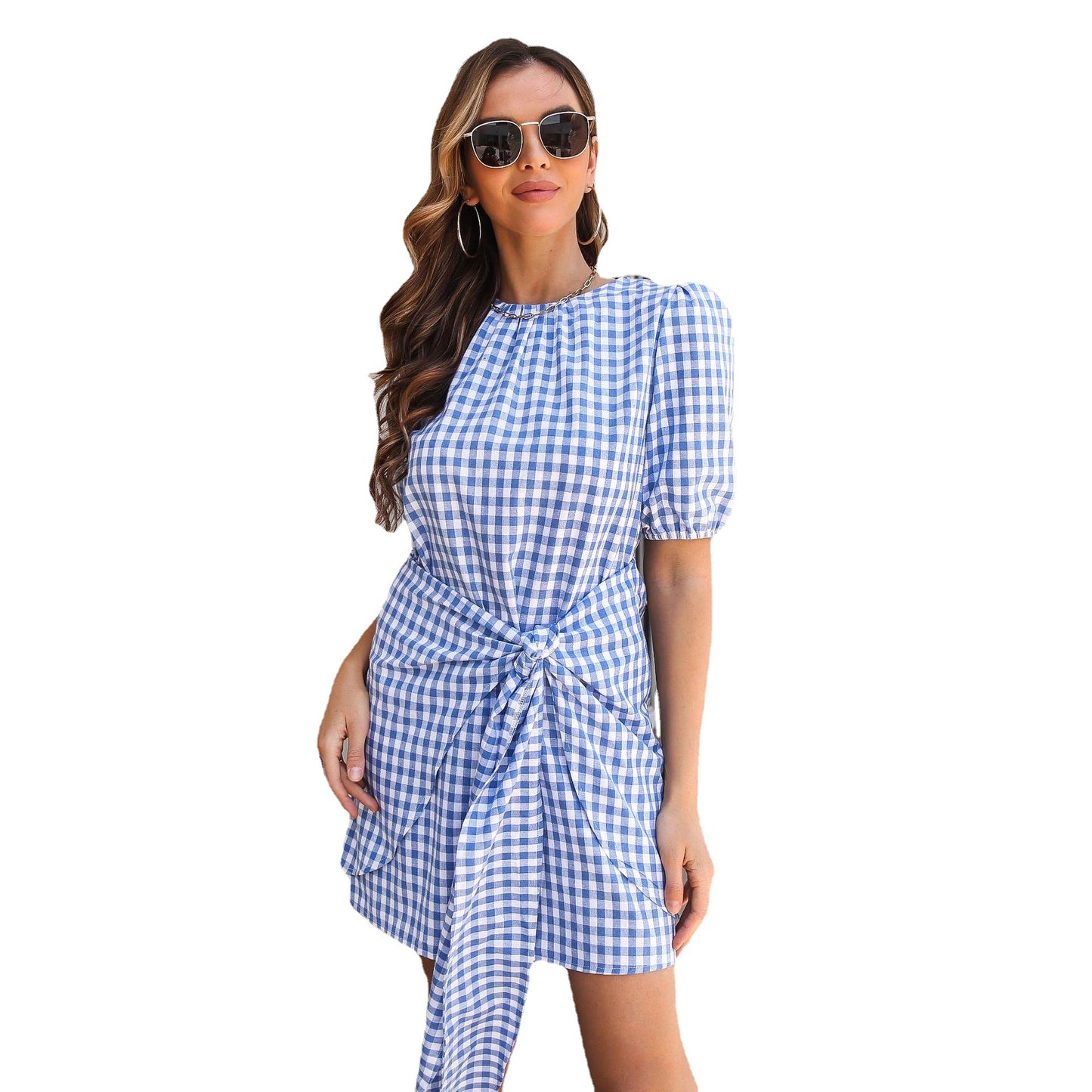 Women's Checked Short Sleeve Dress with Belt by Ivyshape