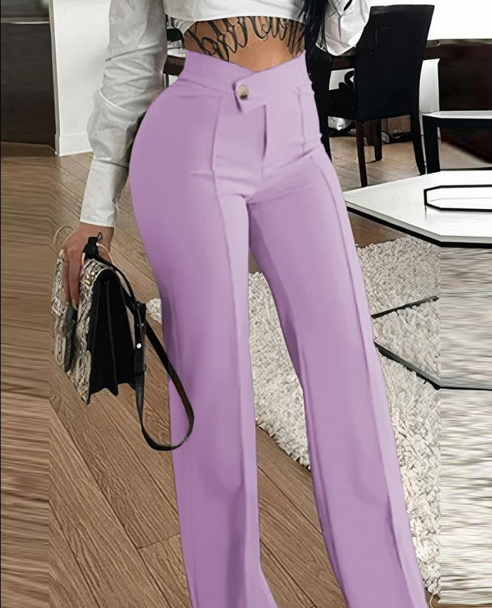 Women Elegant Wide Trousers with High-Waist Cut and Decorative Button Ivyshape