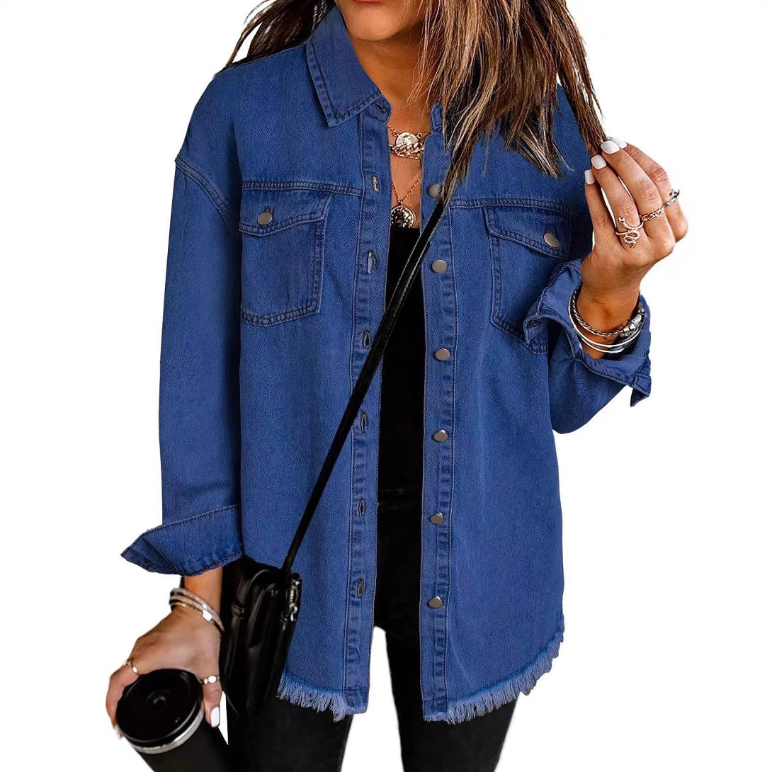 Women's Casual Denim Shirt with Frayed Hem and Practical Chest Pockets Ivyshape