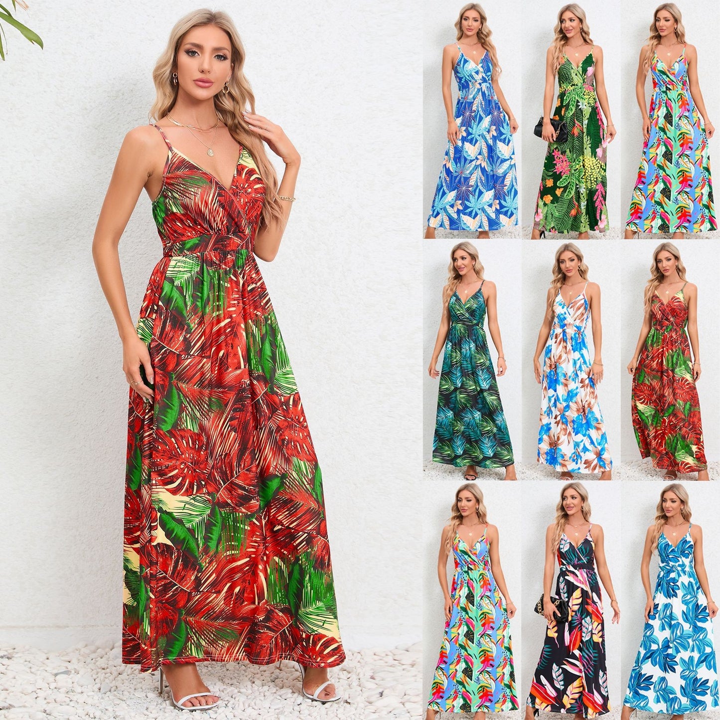 Women’s maxi dress with floral design and narrow straps Ivyshape