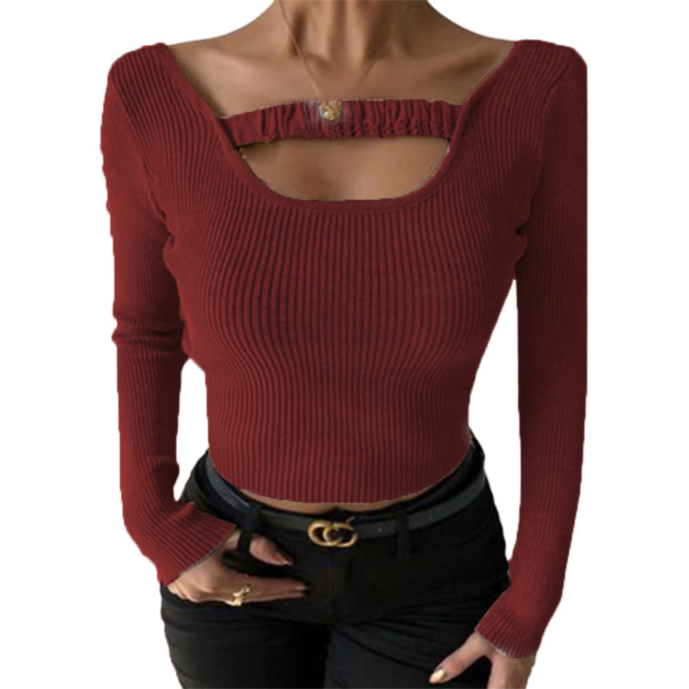 Women Long-sleeved top with sophisticated neckline and rib knit design Ivyshape