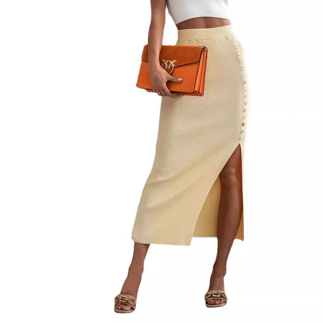 Women's Ribbed Mid-Length Skirt with Side Slit and Button Detail Ivyshape