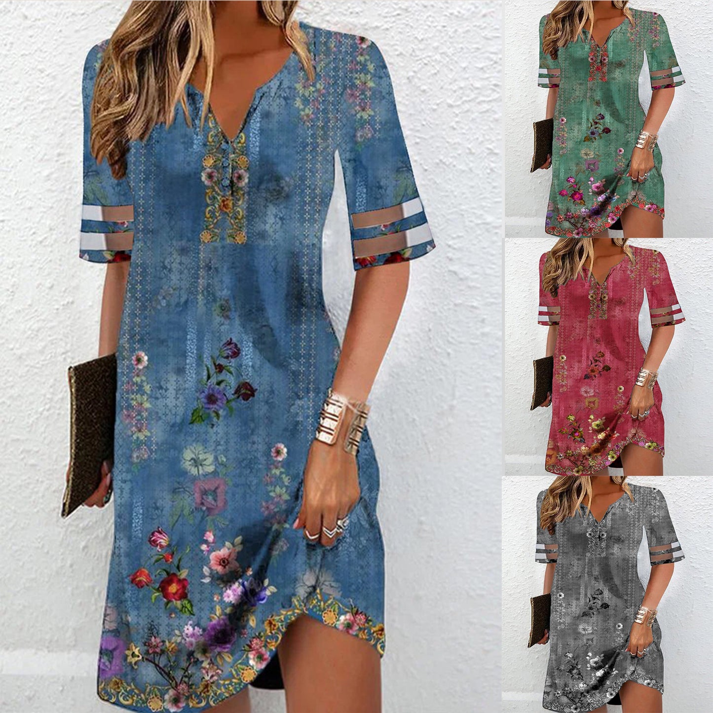 Women's short dress with floral pattern and V-neck Ivyshape