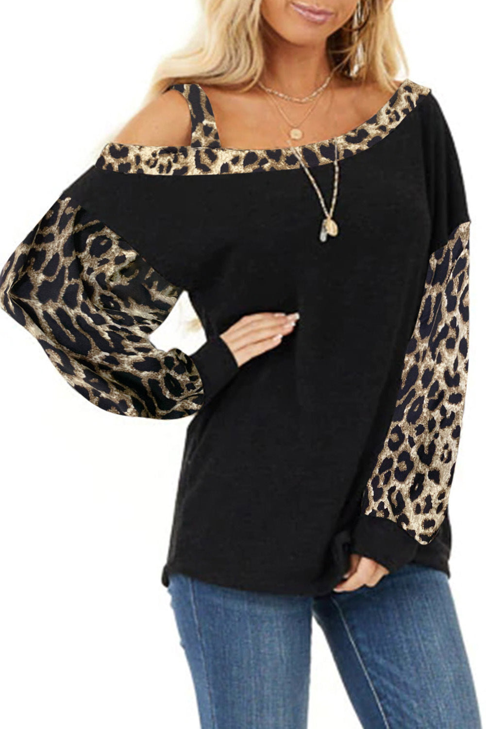 Women's casual top with off-shoulder design and trendy animal print sleeves Ivyshape