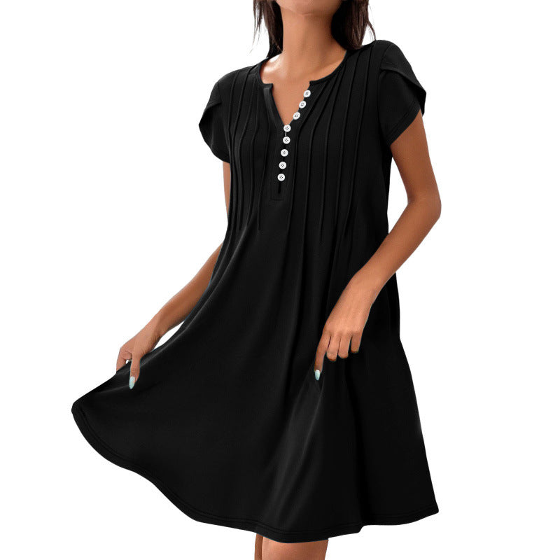 Women's Casual Short Sleeve Dress with Pleated Details and Button Placket Ivyshape