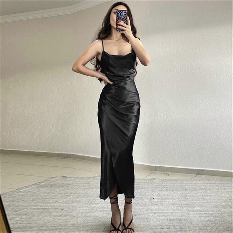 Women Elegant Draped Maxi Dress with Sexy Slit and Thin Spaghetti Straps Ivyshape