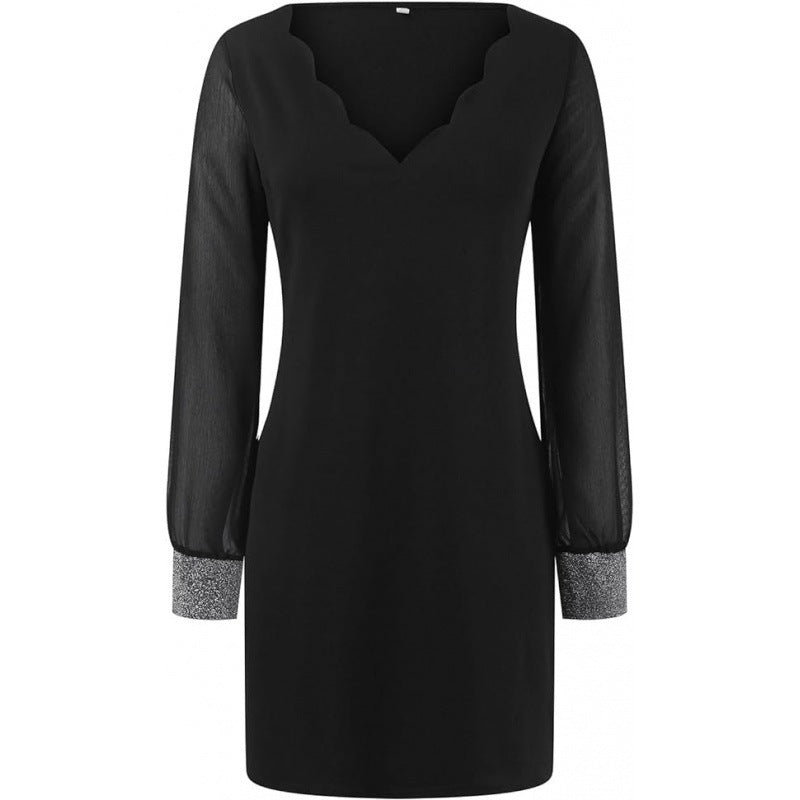 Women Elegant V-neck Mini Dress with Transparent Long Sleeves and Gemstone Accents Ivyshape