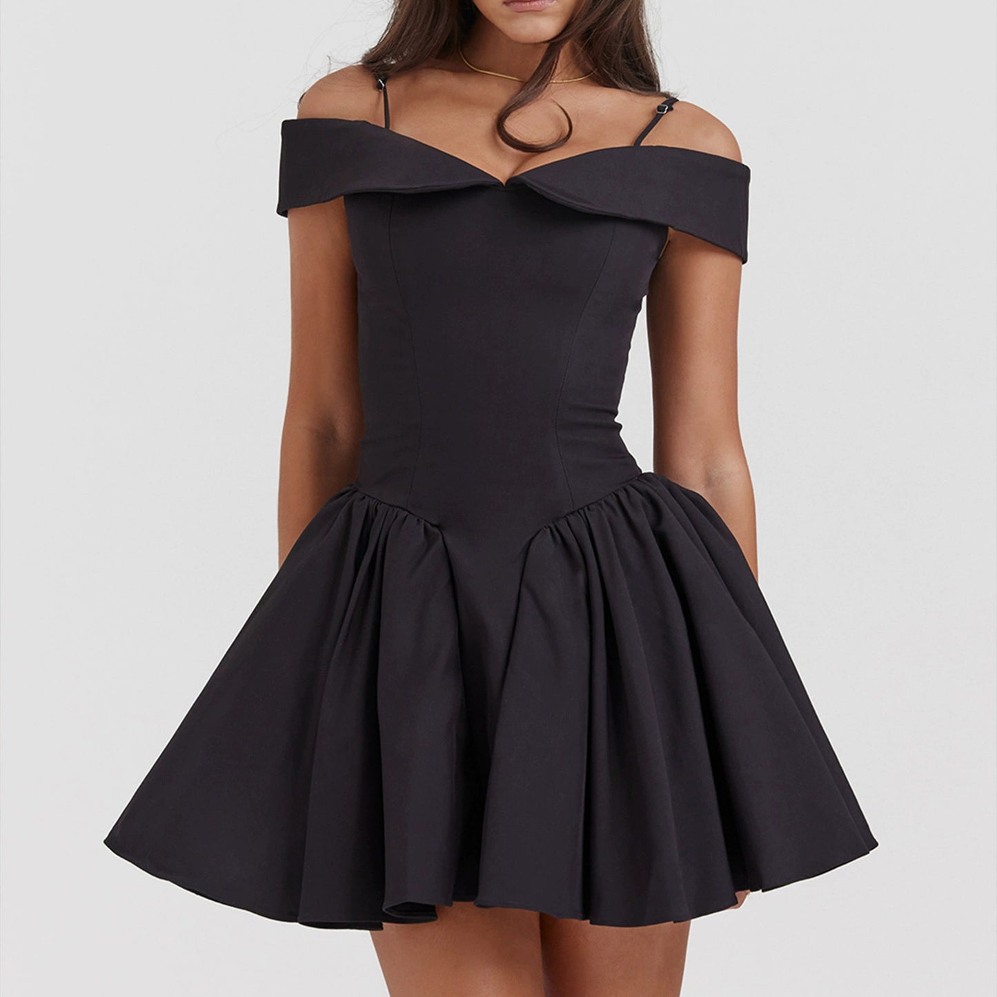 Women's Elegant Off-Shoulder Mini Dress with Voluminous Hem and Clever Pleats Ivyshape