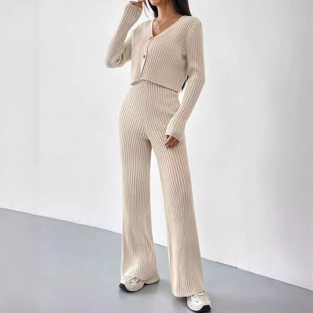 IvyShape | V-Neck Ribbed Knitted Two-Piece Set