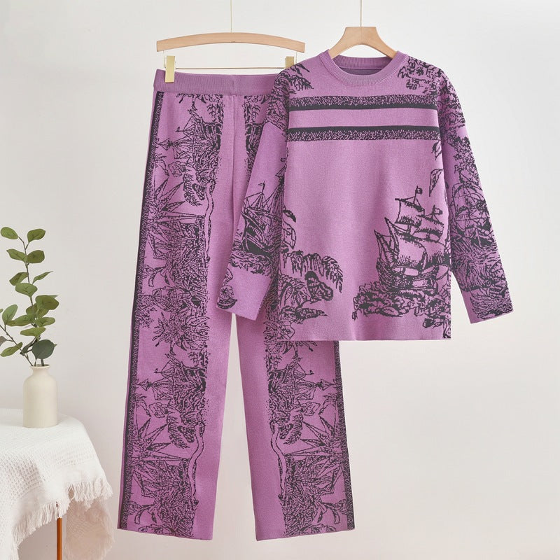 IvyShape | Ink Painting Wide-Leg Trousers Knit Set