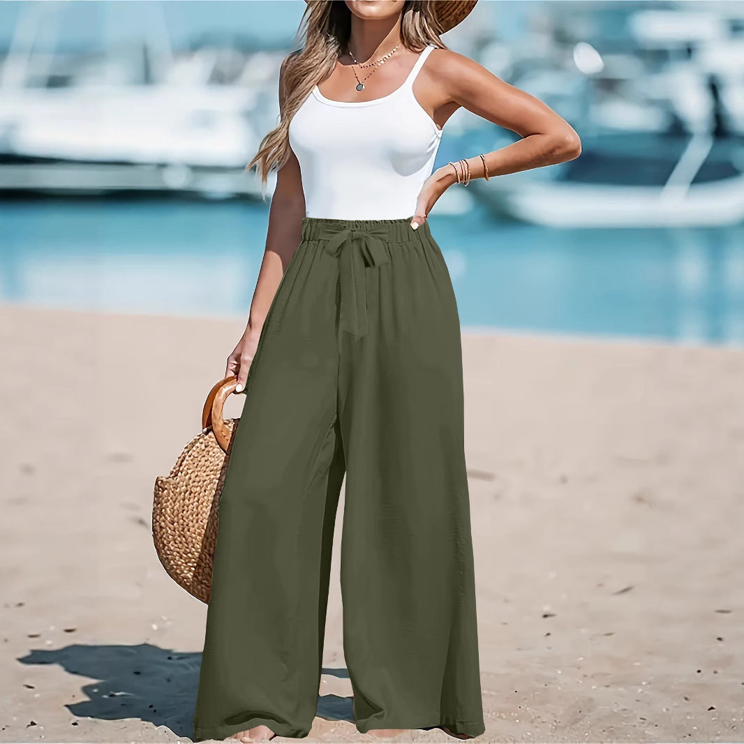 Women Wide Trousers with Adjustable Tie Belt Ivyshape