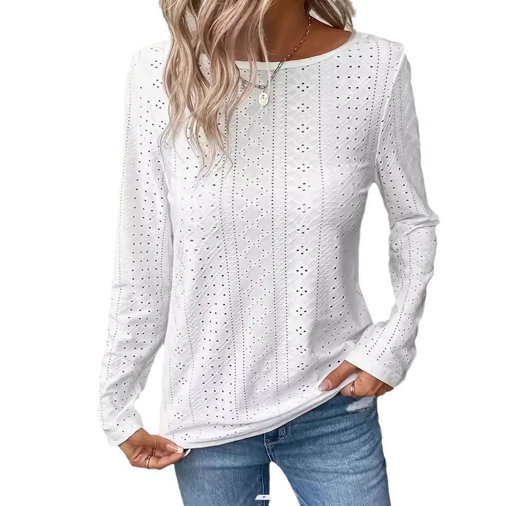 IvyShape | Jacquard Round Neck Casual Long Sleeve Tee Top