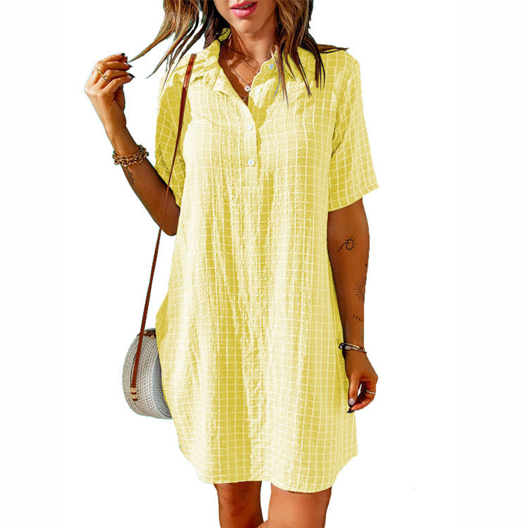 IvyShape | Plaid Collar Button Short Sleeve Dress