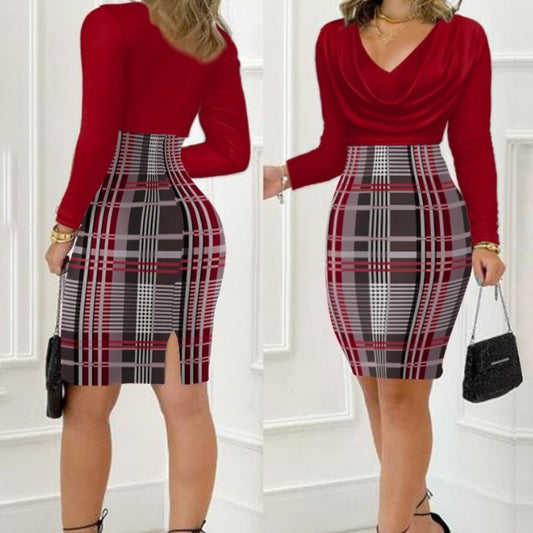 Women Elegant Wrap Dress with Check Pattern and Deep V-Neck Ivyshape