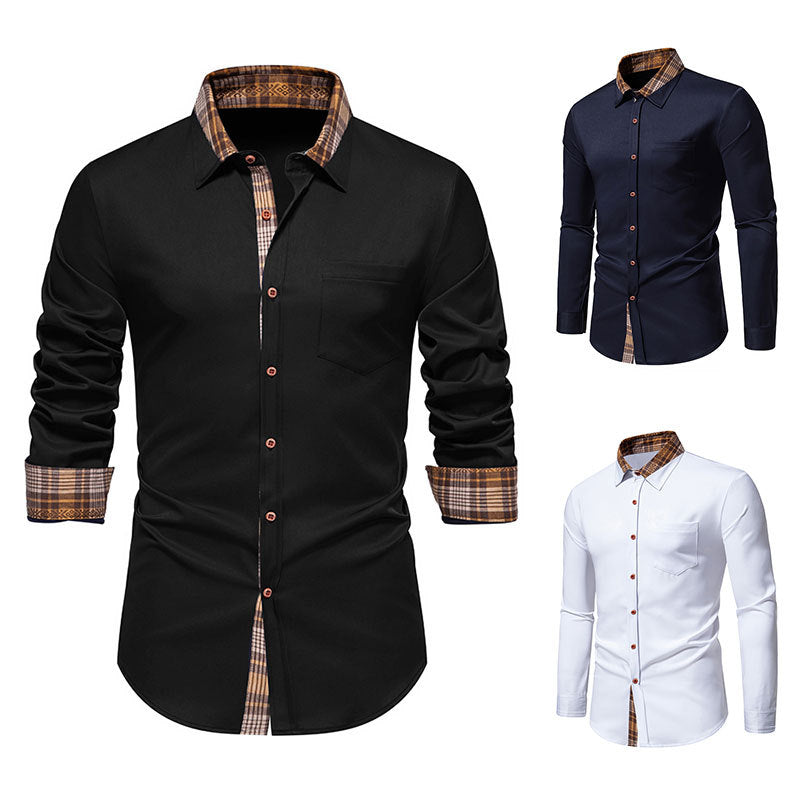 Men's long sleeve shirt with modern check collar and high-quality cotton blend Ivyshape