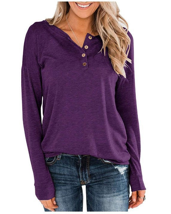 Women's Fashion Long Sleeve Henley Shirt with Button Placket Ivyshape