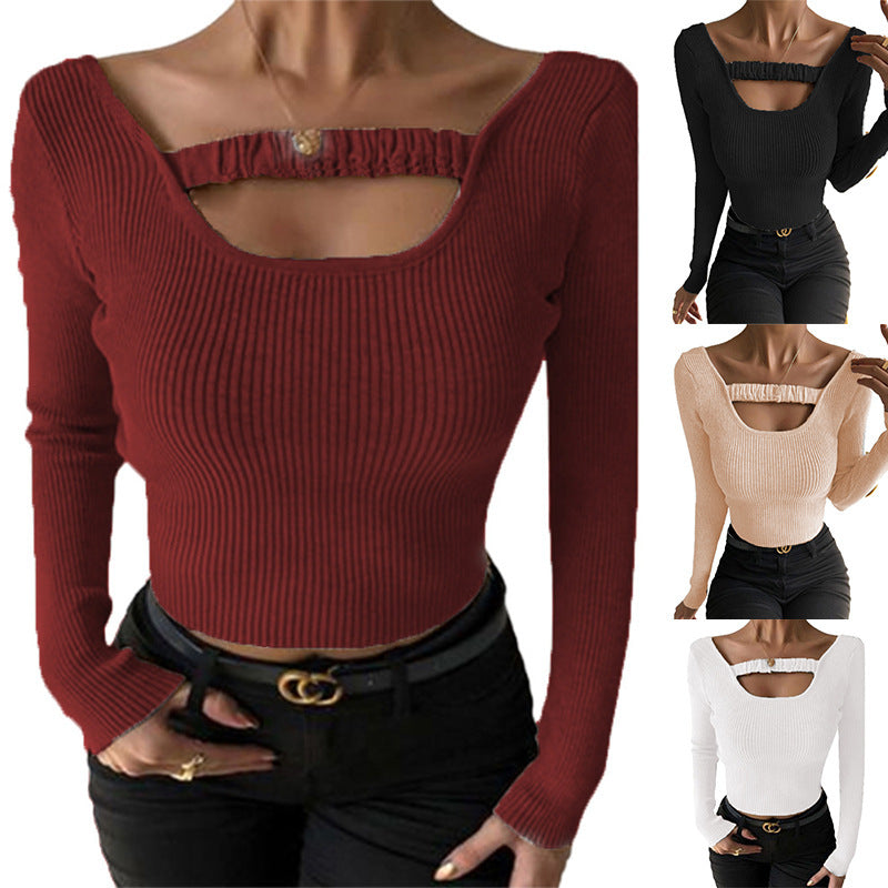 Women Long-sleeved top with sophisticated neckline and rib knit design Ivyshape