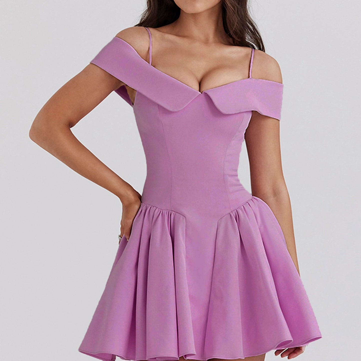 Women's Elegant Off-Shoulder Mini Dress with Voluminous Hem and Clever Pleats Ivyshape