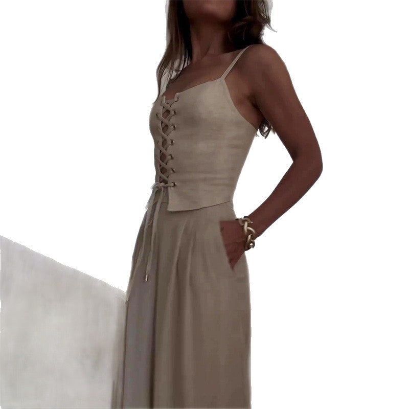 Women's jumpsuit with feminine lacing and wide-cut leg Ivyshape