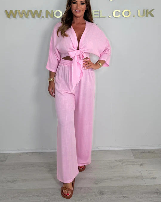 Ladies Elegant Jumpsuit with Playful Knot and Wide Cut Legs Ivyshape