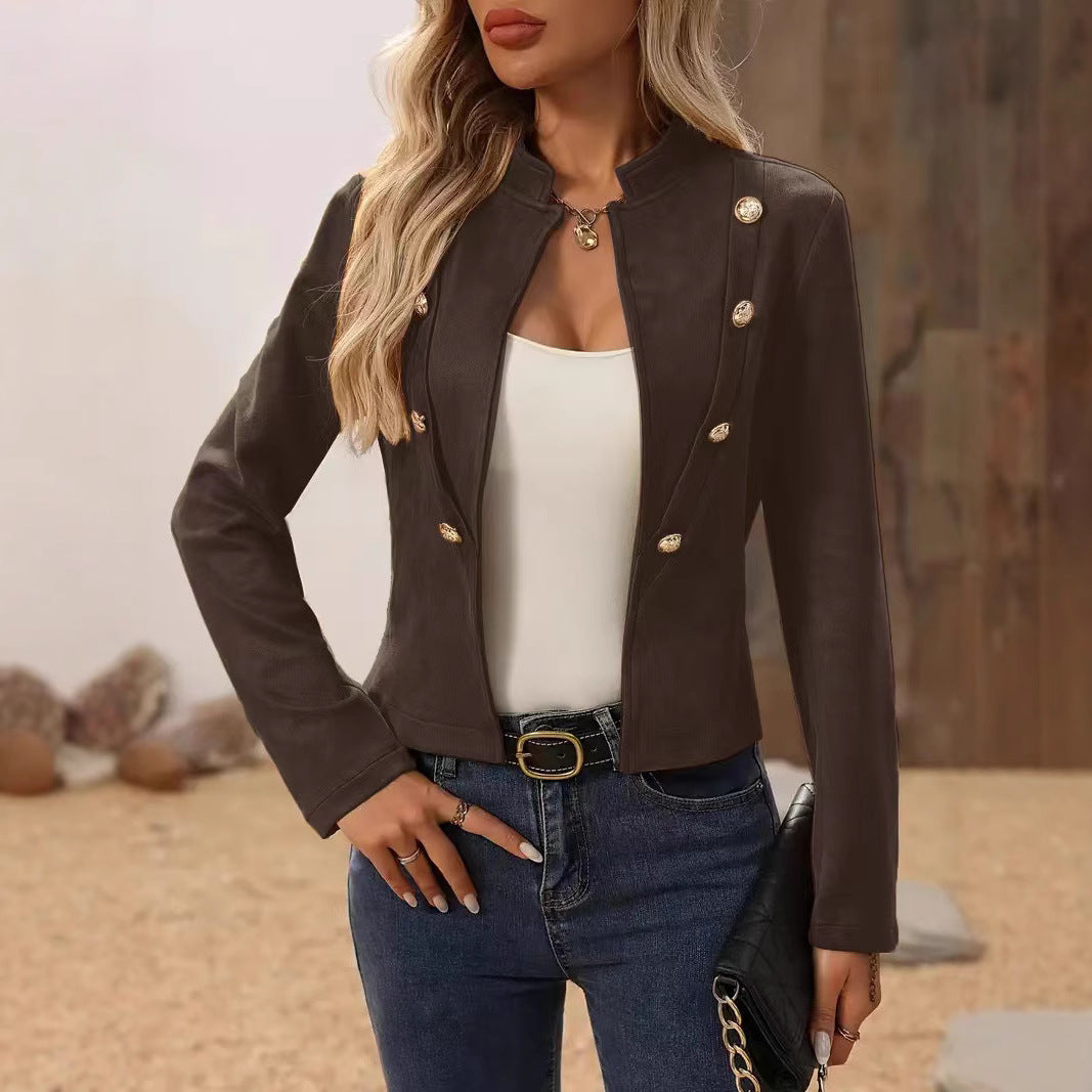 Women elegant tailored blazer jacket with golden buttons Ivyshape