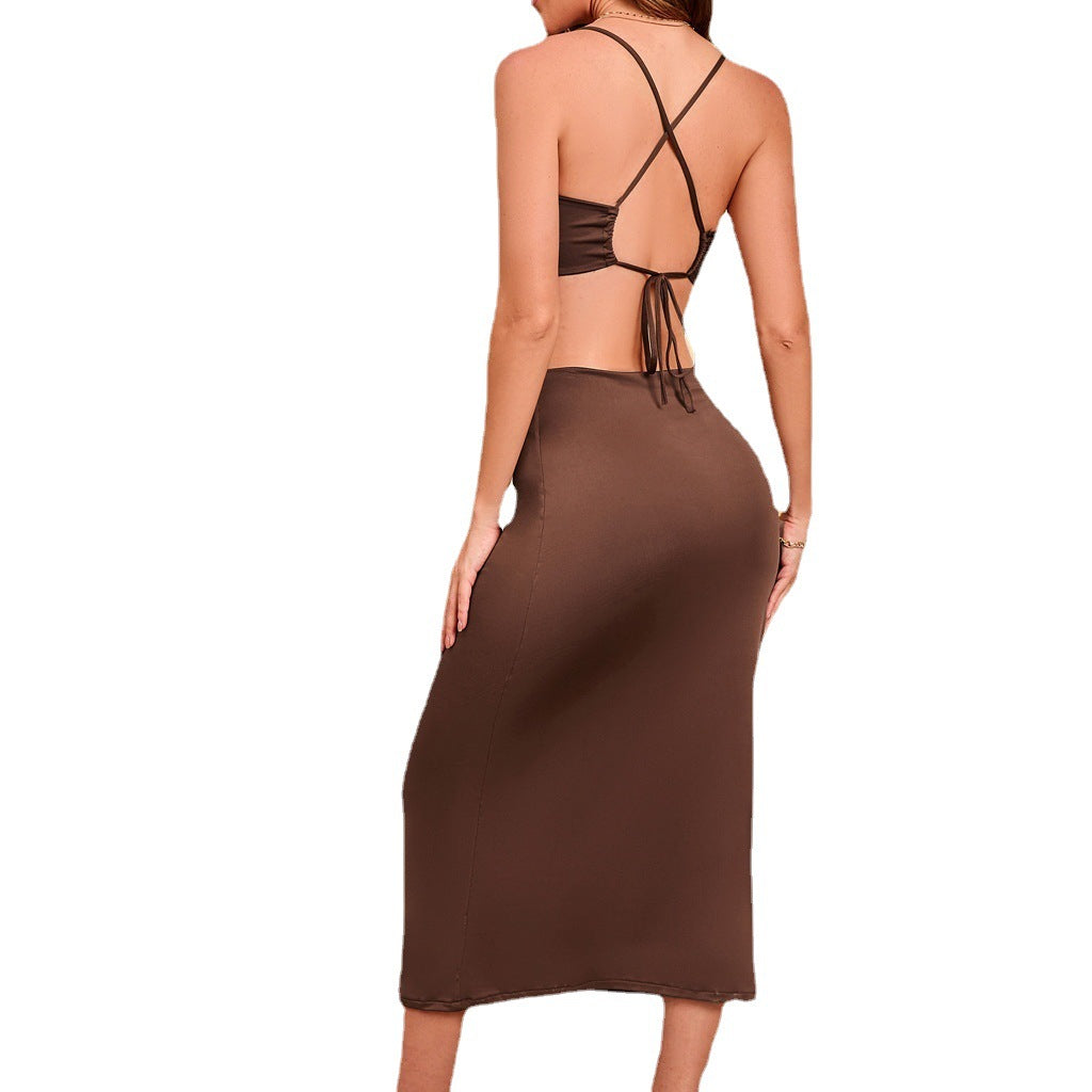 Ladies Cut-Out Maxi Dress with Shimmering Material and Straps Ivyshape