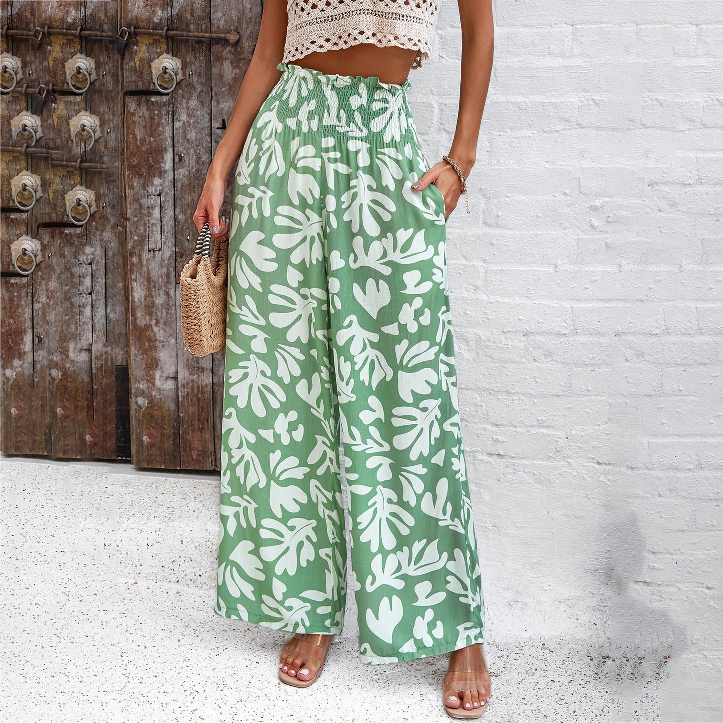 IvyShape | Elegant Cotton Printed Loose Wide-Leg Pants