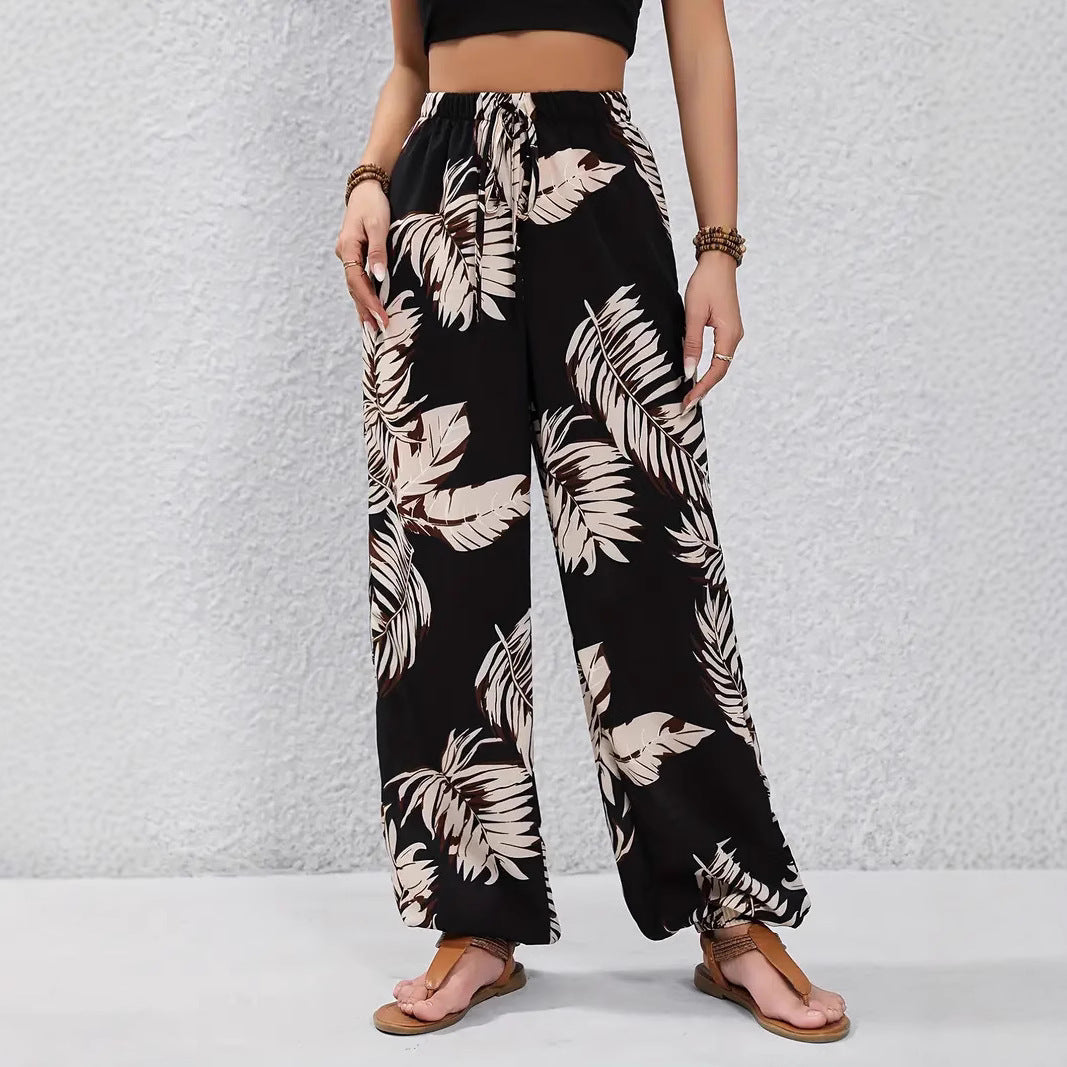 Ladies Wide Palazzo Pants with Floral Pattern and Elastic Waist Ivyshape