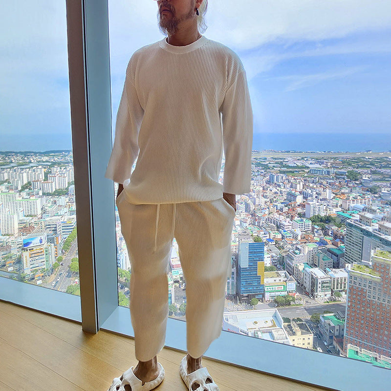 Men's Casual Ribbed Knit Set with 3/4 Sleeves and Comfortable Pants Ivyshape