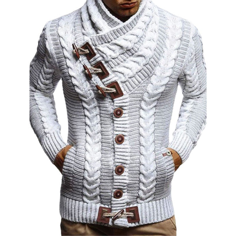 Men's chunky knit cardigan with creative shawl collar and button details Ivyshape