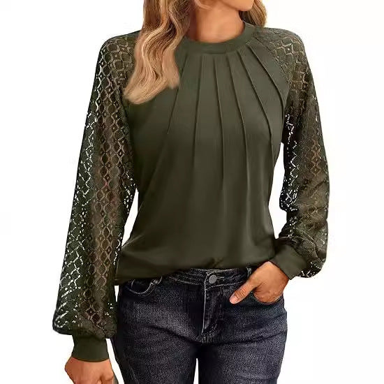 Women Elegant Top with Decorative Lace Sleeves and Gathered Detail Ivyshape
