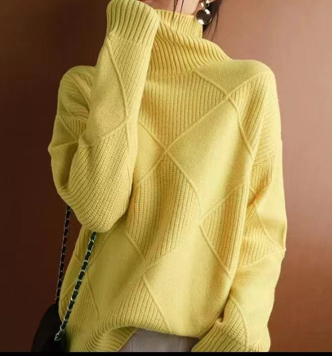 Women's high-quality knitted sweater with standing collar and extravagant diamond pattern Ivyshape