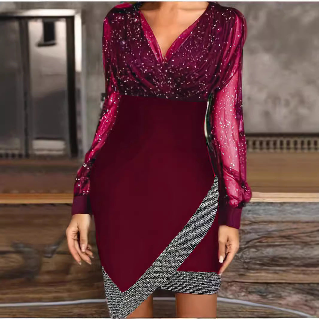 Ladies stylish wrap dress with glitter accents and transparent sleeve look Ivyshape