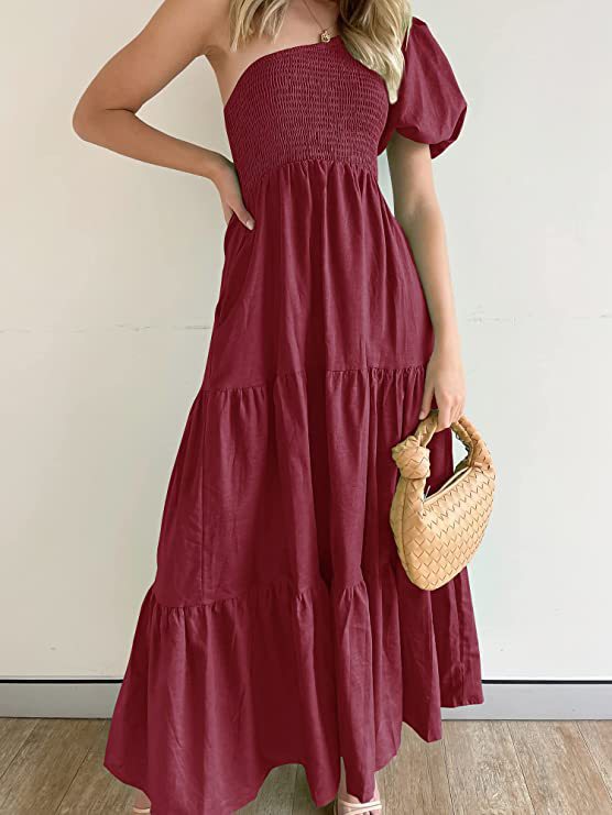 IvyShape | Romantic One-Shoulder Puff Sleeve Beach Dress