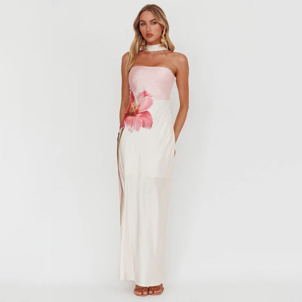 Women Elegant Strapless Maxi Dress with Floral Design and Tailored Cut Ivyshape