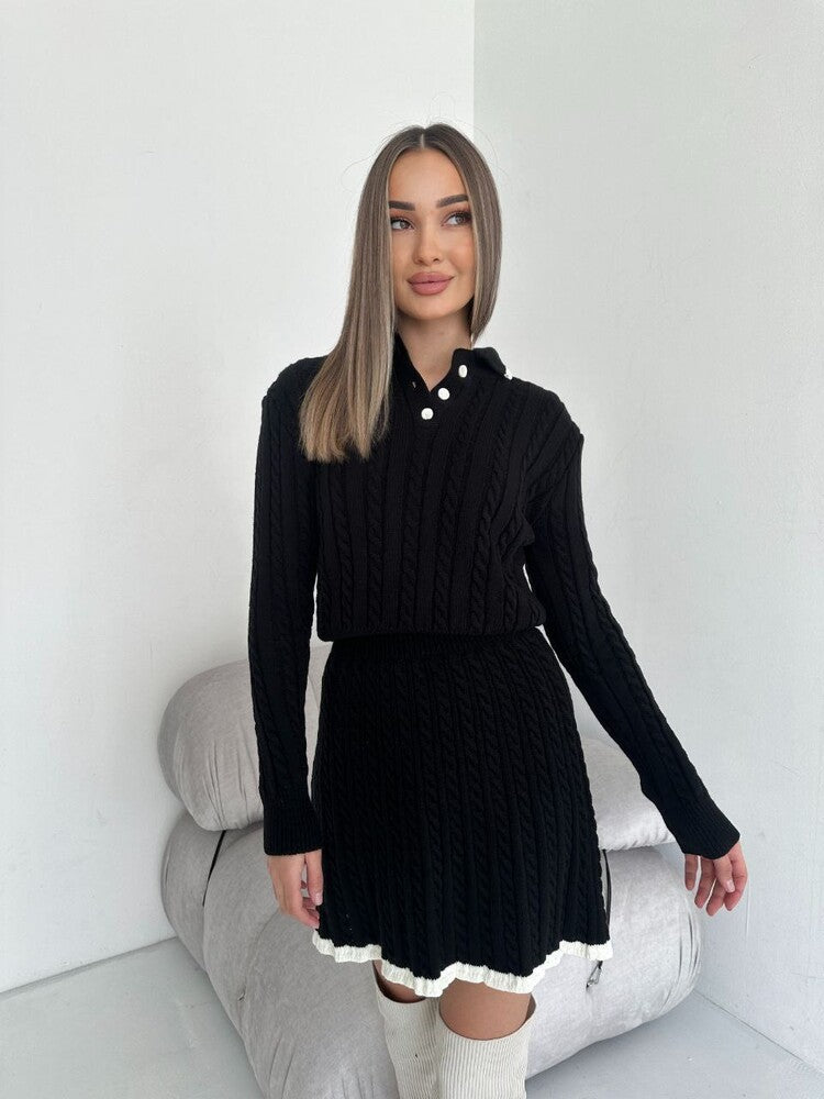 Women's knitted dress with modern polo collar and fine cable pattern Ivyshape