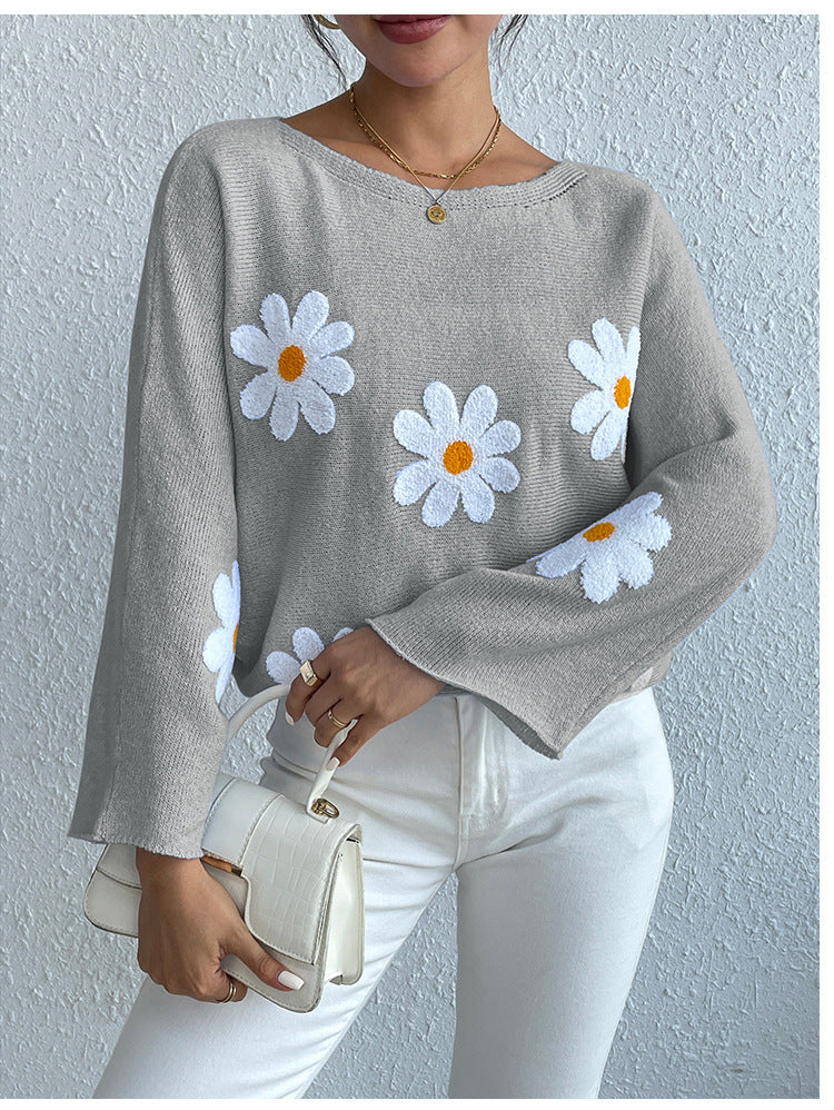 IvyShape | Floral Embroidery One-Shoulder Pullover Sweater