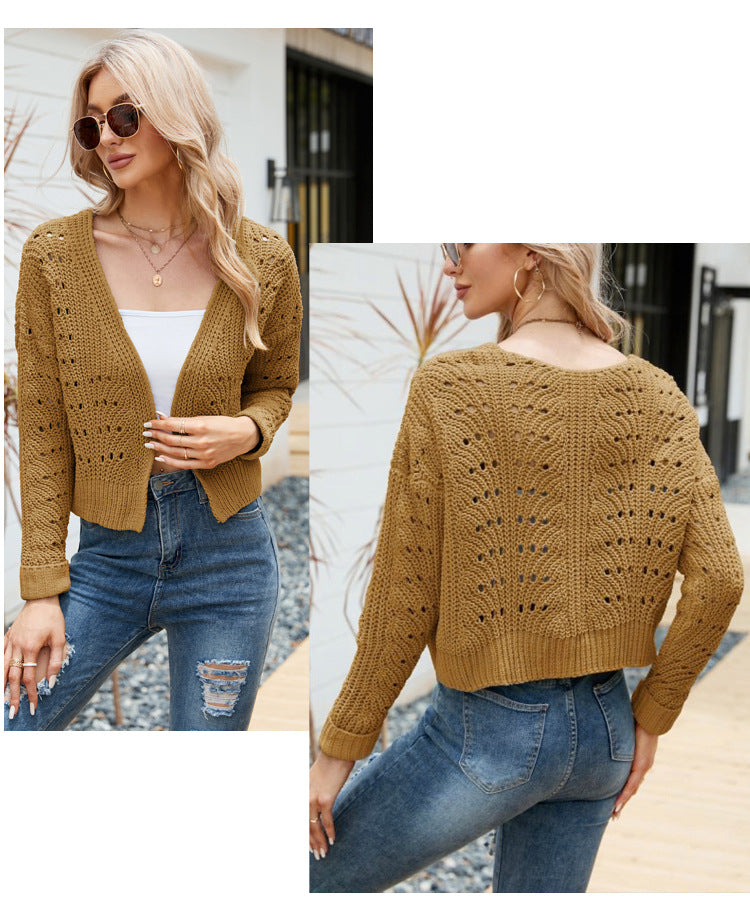 IvyShape | Solid Color Hollow Sweater Cardigan