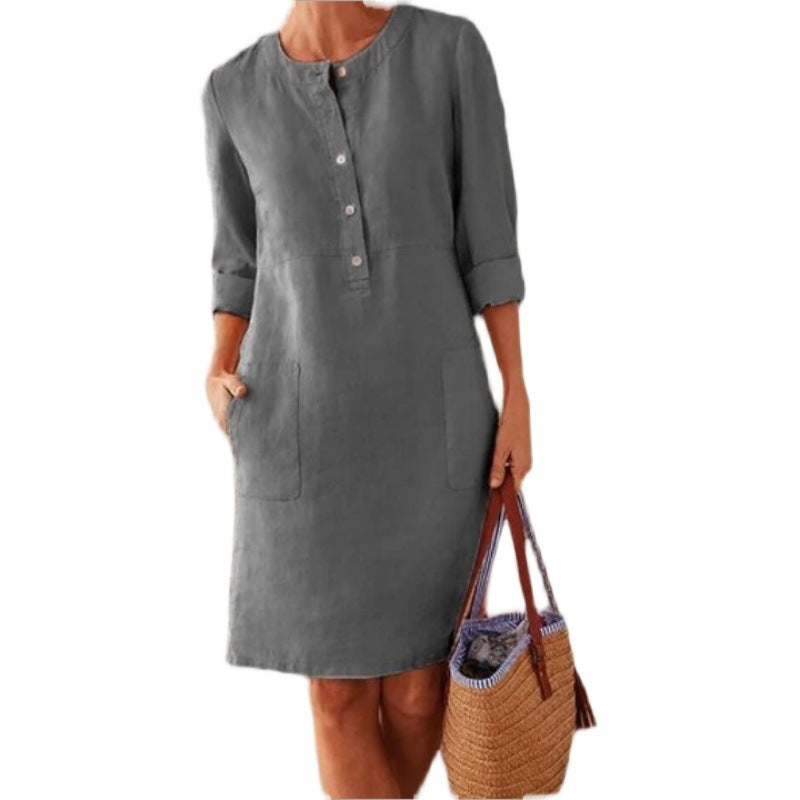 IvyShape | Cotton Linen Round Neck Long Sleeve Midi Dress