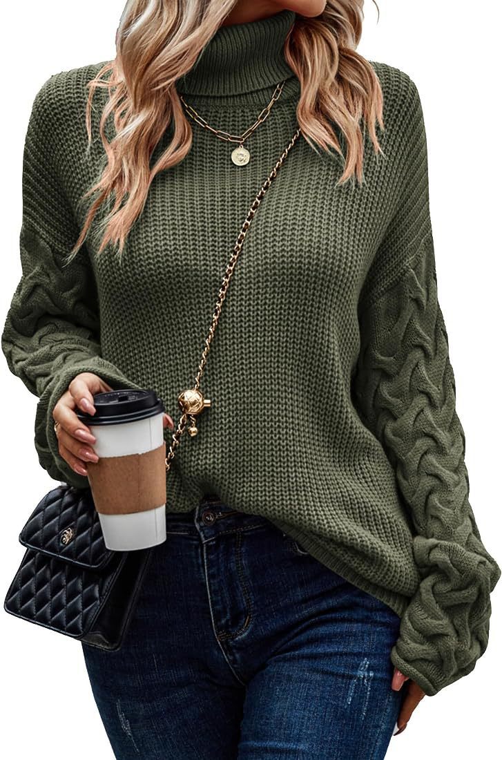 IvyShape | Fashionable Turtleneck Loose Cable Knit Long Sleeve Sweater