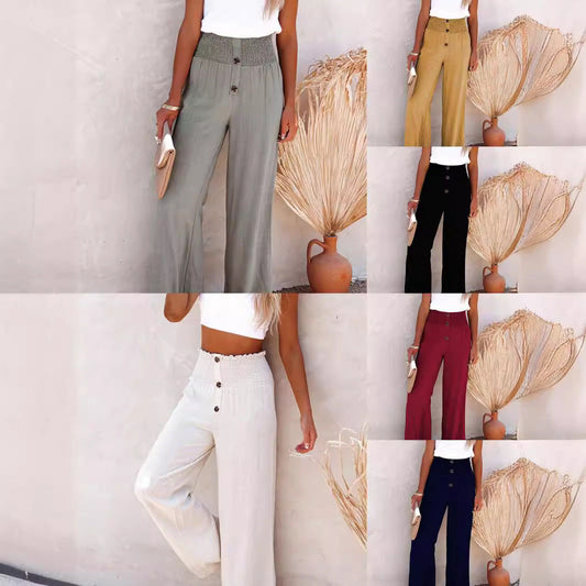 IvyShape | Solid Color Cotton Linen Elastic Loose Wide Leg Long Pants